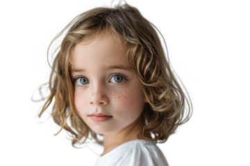 Portrait of a Young Girl with Curly Hair and Freckles on a White Background