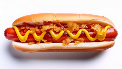 delicious hot dog with mustard ketchup crispy fried onions classic american fast food meal tasty snack hotdog bun yellow mustard red ketchup crispy onions gourmet on white background