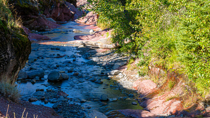 Red Rock Canyon in Waterton lake national park of Alberta, Canada, a natural gorge where brilliant...
