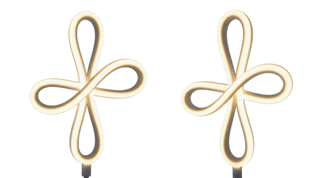 Two glowing neon light decorations in a clover shape.