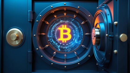 Digital safe vault door opening with glowing bitcoin symbol inside