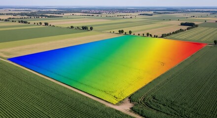 Aerial view of a farm with colorful data visualization overlay for precision agriculture and crop analysis