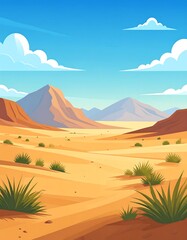 Fototapeta premium A vast desert landscape stretches beneath a vibrant blue sky dotted with fluffy white clouds, showcasing rolling hills and sparse desert vegetation.