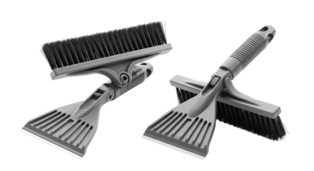 Two gray plastic car snow brushes with integrated ice scrapers shown in monochrome from different angles.