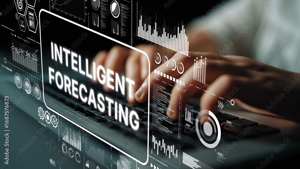 Poster hands typing on a keyboard with overlay of data analytics visuals and intelligent forecasting concep