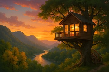 Scenic treehouse at sunset