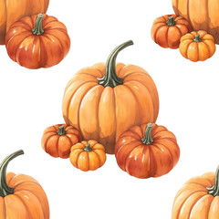 Orange pumpkin watercolor repeat pattern for autumn holidays. Features Halloween and Thanksgiving motifs on isolated white background for versatility