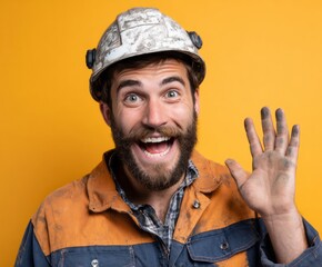 A man in work clothes, wearing a dirty hard hat, beams with a joyful expression, his hands showing traces of work, set against a vibrant yellow background.