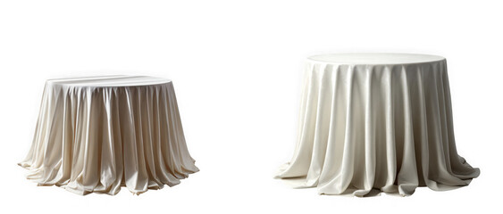 Two draped round tables covered with elegant white fabric, isolated on transparent background