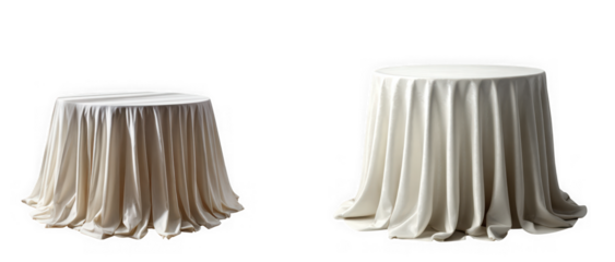 Two draped round tables covered with elegant white fabric, isolated on transparent background