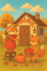 Cute vintage illustration of fox siblings decorating a house for autumn. Girl hangs leaves, boy holds apples. Warm harvest season countryside concept.