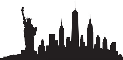 Black silhouette of Statue of Liberty and New York City skyline on white background black and white
