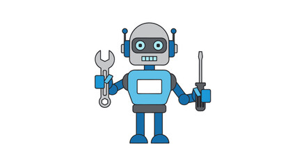 Cartoon Robot Holding Wrench and Screwdriver, Blue and Gray.