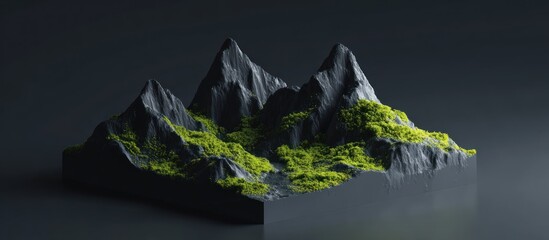 Miniature mountain range with green foliage on a cubic base against dark backdrop