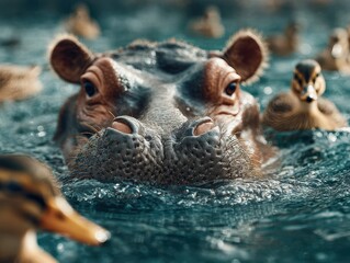 Fototapeta premium Hippo swimming among ducks in a serene water habitat during the warm afternoon