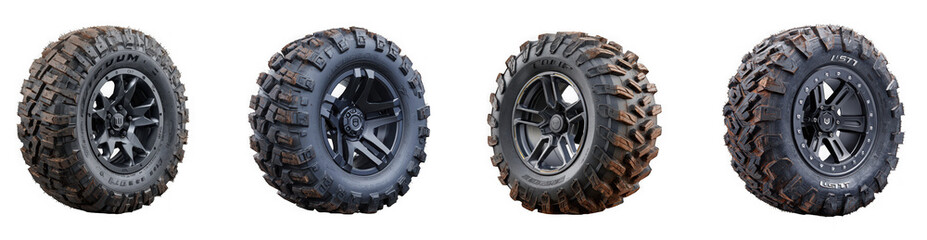 Four different offroad tires with aggressive tread patterns, isolated on transparent background