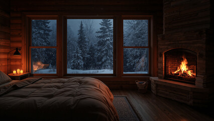 Fototapeta premium A cozy bedroom, situated in a wooden cabin, overlooks a snowy landscape at night. The large windows frame a wintry village scene with snow-covered houses and trees. The cabin's interior is warm