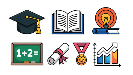 Education icons set with graduation cap open book diploma blackboard medal and graph vector illustration
