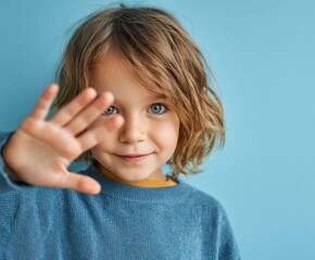 Close-up of a child with light brown, curly hair, displaying a playful expression and subtly shielding their face with a hand.