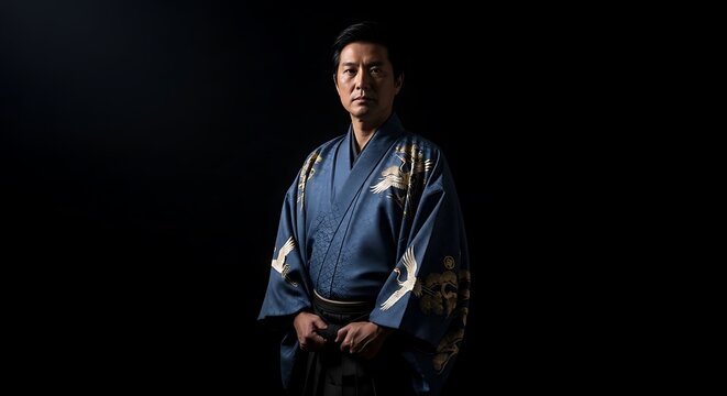 Japanese Man in Traditional Attire, Focused Portrait.