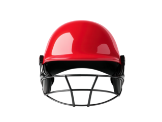 A bright red cricket helmet with a black metal faceguard, isolated on a transparent background