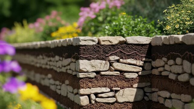 Crosssection perspective showing soil retention benefits provided by the interlocking drystack stones in a garden wall.