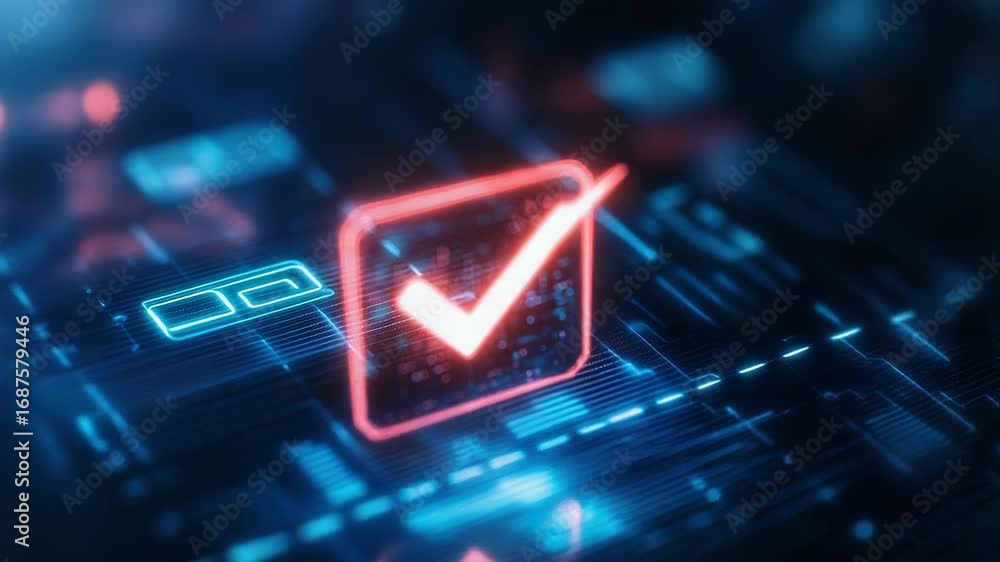 Poster glowing check mark symbolizing validation on futuristic circuit board