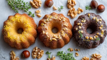 Mini bundt cakes with lemon, caramel, and chocolate flavors on parchment, autumn dessert styling