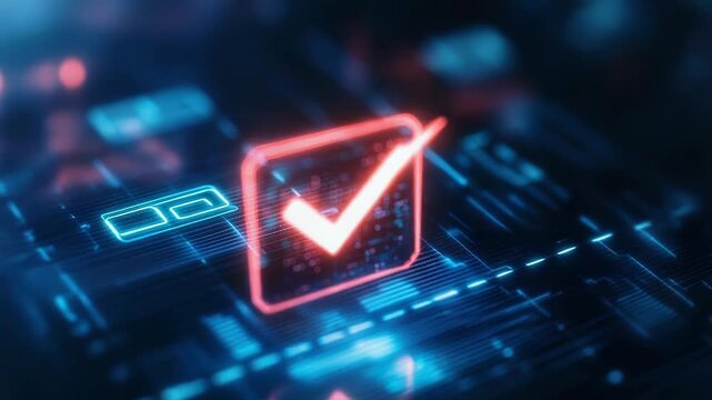 Glowing check mark symbolizing validation on futuristic circuit board