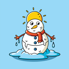 Melting Snowman Wearing a Scarf Under the Sun on a Blue Background with Water Droplets winter