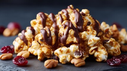 Caramel popcorn with chocolate drizzle, walnuts, and cranberries on slate, dramatic autumn food styling