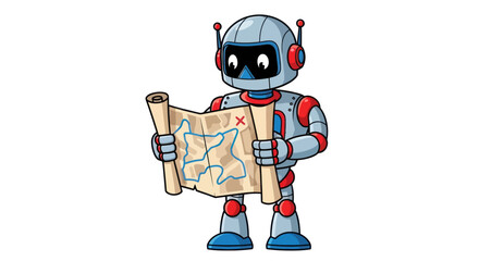 Cartoon Robot Explorer Reading a Treasure Map with Determination and Curiosity.
