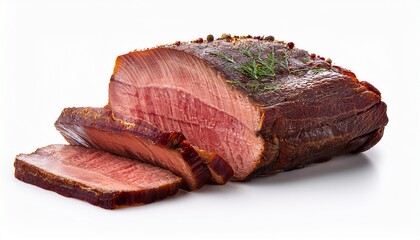 sliced beef brisket seasoned and smoked isolated on white background