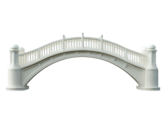 Elegant white stone arch bridge with ornate railings, isolated on transparent background