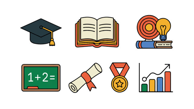 Educational symbols and icons representing learning knowledge graduation success and academic achievements in vibrant colors