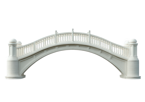 Elegant white stone arch bridge with ornate railings, isolated on transparent background