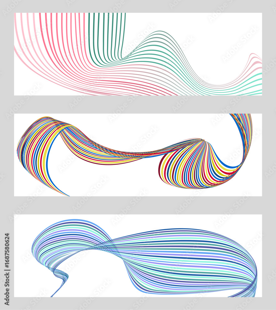 Aufkleber wavy lines or ribbons. set of 3 backgrounds. multicolored striped gradient. creative unusual backgro