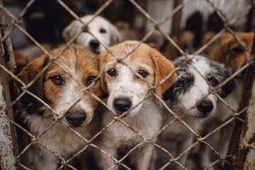 Sad Puppies Behind Wire Fence at Animal Shelter Looking for Homes