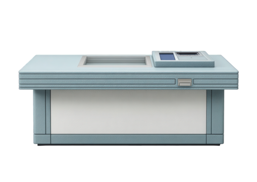 Modern reception desk with textured blue surface and integrated digital screens, isolated on transparent background