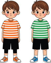 Cartoon illustration of two boys wearing striped t-shirts, orange and green fashion, children character design, cute kids style concept