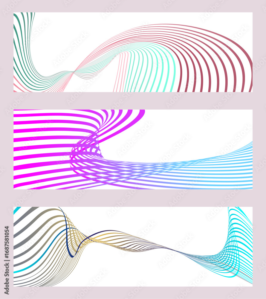 Aufkleber wavy lines or ribbons. set of 3 backgrounds. multicolored striped gradient. creative unusual backgro