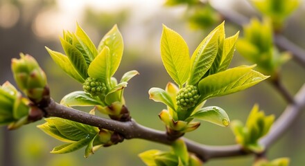 Fototapeta premium Spring buds with branch, sunlight, and nature.