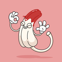 Cartoon illustration of a tampon character showing the “OK” hand gesture. Retro mascot style with a playful and ironic tone. Conceptual design for period positivity, women’s health, menstrual cycle.