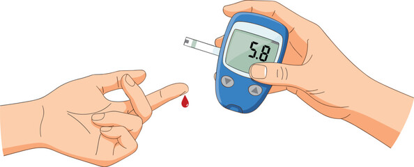 Hand checking blood sugar with glucometer, diabetes test illustration, medical device, glucose measurement, healthcare concept, diabetic monitoring, finger prick drawing