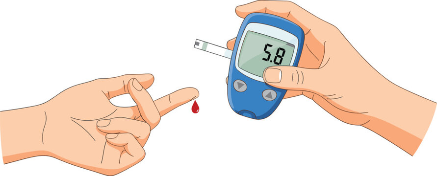 Hand checking blood sugar with glucometer, diabetes test illustration, medical device, glucose measurement, healthcare concept, diabetic monitoring, finger prick drawing