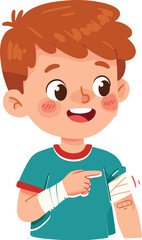 Smiling boy with bandage, cartoon child injury care, happy kid illustration, first aid treatment, health recovery, safety, medical care, wound healing