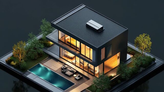 Modern sustainable house floating on water with garden and pool