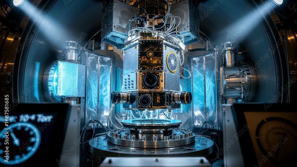 Poster weather satellite sensor undergoing pressure and temperature simulation inside a large vacuum test c