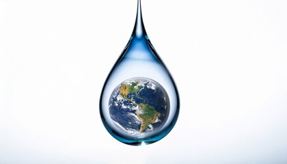 a water droplet encasing a miniature earth globe isolated on white background