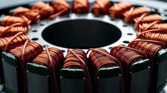 Bright copper coils arranged in intricate patterns on stator core during electric car motor winding process.